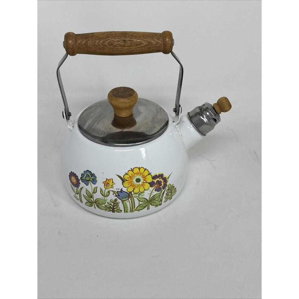 Teapot Floral Pattern Wooden Handle Vintage 1980 1970 Corning Kitchen Flowers - Picture 2 of 6